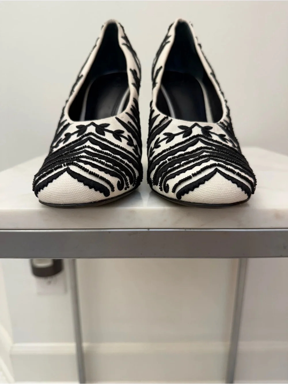 TORY BURCH LUCIA EMBELLISHED BLOCK HEEL PUMPS EMBROIDERED BEADED